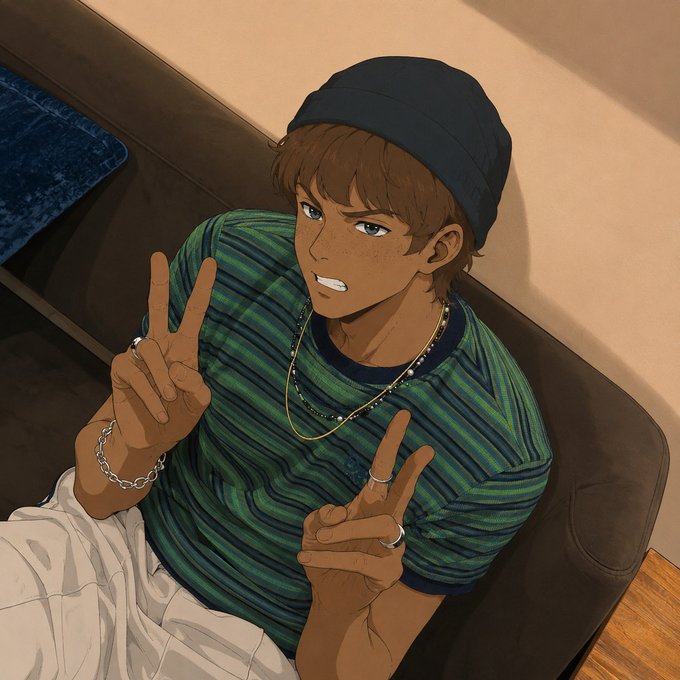 An anime-style illustration of a brown-skinned young man in a blue beanie and green striped shirt making peace signs with both hands.