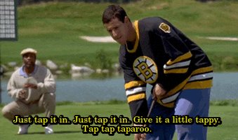 The image features two men, one wearing a hockey jersey with the word "B" on it and another man wearing a hat sitting on the grass. The text above them reads "Just tap it in. Give it a little tappity. Tap tap tappo." This suggests that they are discussing or sharing their thoughts about the importance of practicing and honing one's skills, such as in hockey or any other sport.