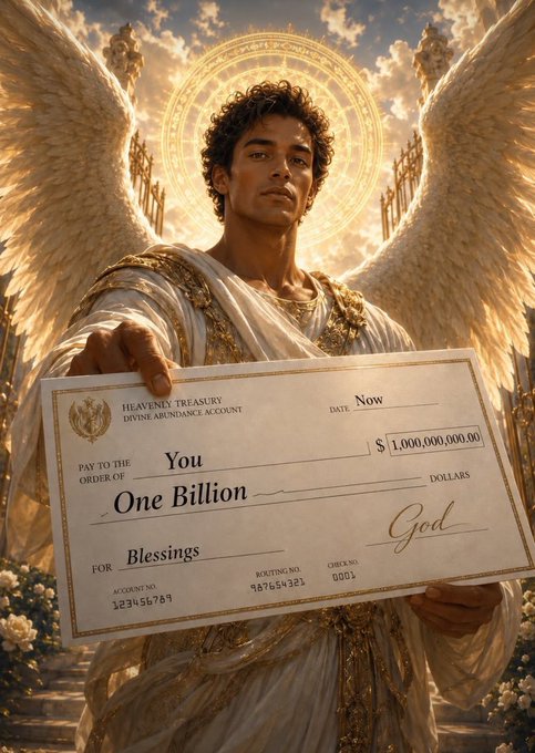 A digital illustration depicts an angelic figure with large wings and a halo, dressed in flowing robes, holding a check from the 'Heavenly Treasury Divine Abundance Account' made out to 'You' for 'One Billion' dollars ($1,000,000,000.00) for 'Blessings', signed by 'God'.