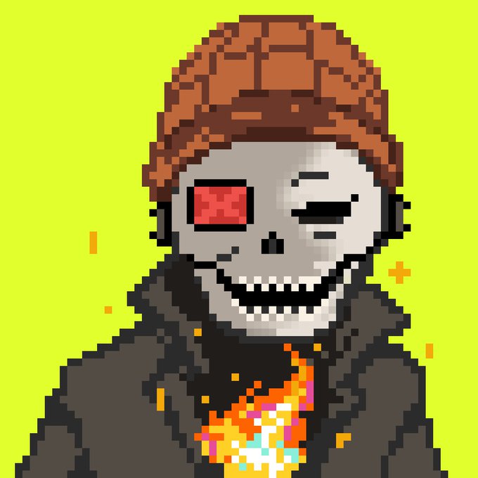 A pixel-art skeleton wearing a brown beanie and dark jacket winks and holds out a colorful glowing heart, perfectly capturing the sarcastic warmth of the caption "You came back just for me? Wow, bro thank you."