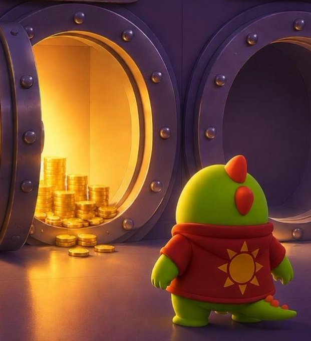 A digital illustration of a green mascot in a red hoodie with a sun emblem looking into a vault filled with gold coins.
