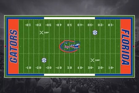The image shows a Florida Gators football field rug featuring "FLORIDA" and "GATORS" in the end zones, with the team's alligator logo at midfield, along with XRP and SEC logos replacing traditional markings. The post highlights how XRP and crypto are gaining mainstream acceptance, using the field design—where XRP branding is integrated alongside traditional collegiate and SEC logos—as a visual metaphor for crypto becoming part of established institutions and everyday life, much like how the rug fits perfectly in a fan's home.
