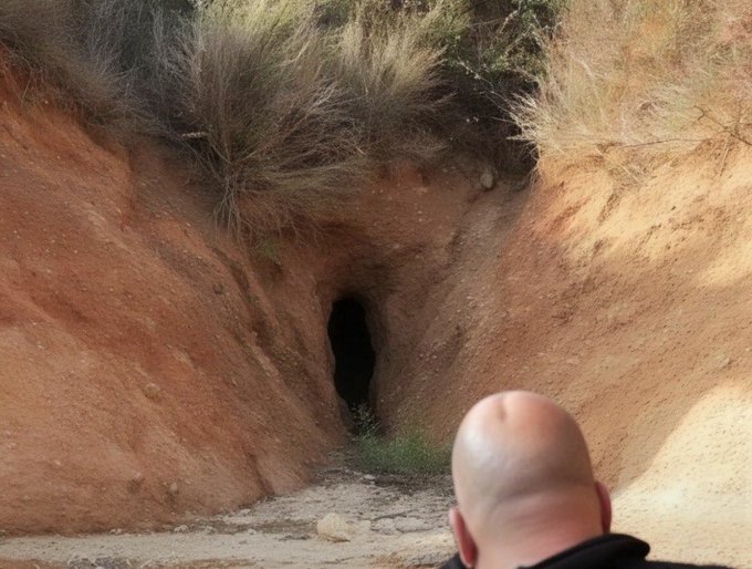 A man's bald head is in the foreground, looking towards a dark cave entrance in a sandy embankment. This image likely represents the idea of entering a new, unknown territory, much like the $BTC price is expected to reach $80K.