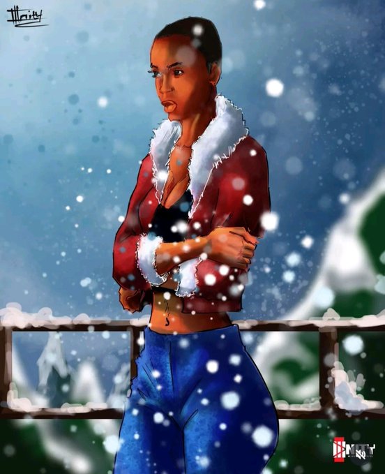 Digital artwork depicting a stylized character with short hair wearing a red jacket with white fur trim, blue pants, and a black top, standing in a snowy scene with a snow-covered railing in the background.
