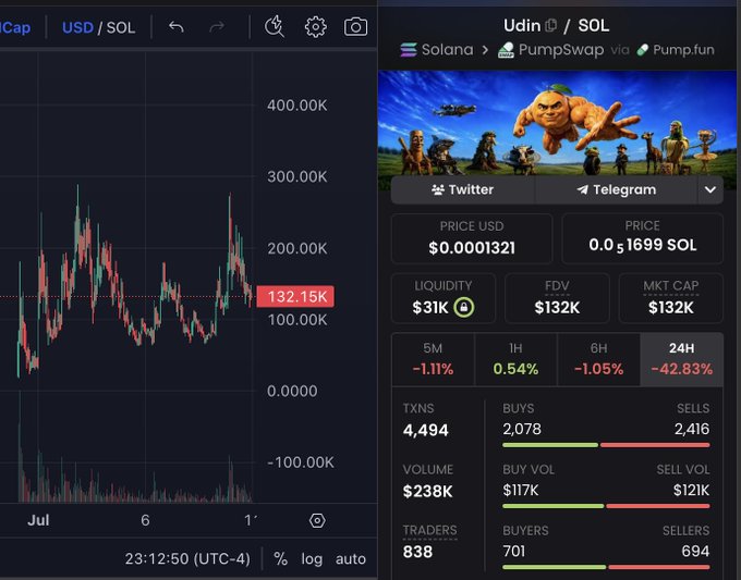 A trading chart and statistics panel for the Solana-based token "Udin" ($UDIN/SOL), priced at $0.0001321 with a market cap of $132K. The image supports the post's claim of accumulating the meme coin, which has seen a notable 24H decline of -42.83% but shows 4,494 total transactions and 838 active traders, illustrating the viral trading activity referenced in the caption.