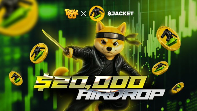 A promotional graphic for a “$20,000 AIRDROP” featuring a Shiba Inu dressed as a ninja with a sword, surrounded by green candlestick charts and $JACKET coins. The logos and text reference Real GO and $JACKET, matching the post’s announcement of a community-voted airdrop through the Game App and DApp.