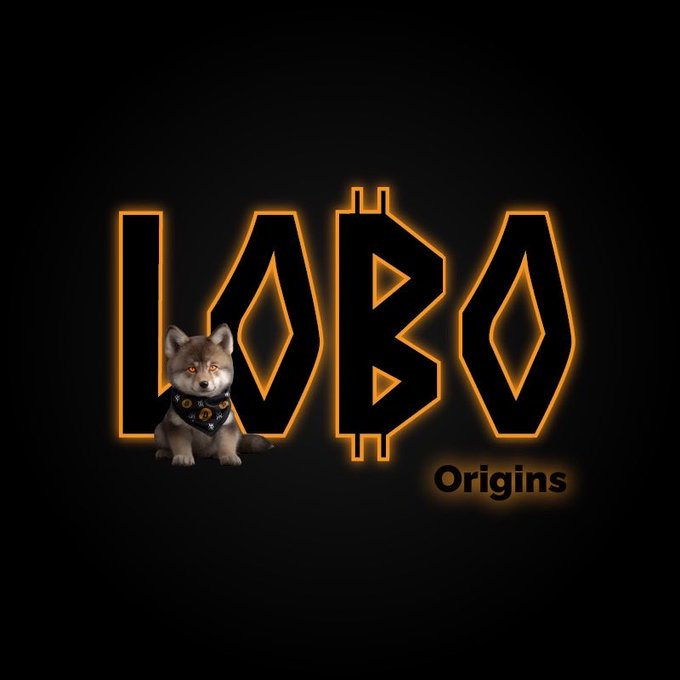 A logo featuring the text 'LOBO Origins' in black letters with orange glowing outlines, accompanied by a small puppy wearing a black bandana, set against a black background.