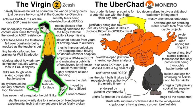 The image features a cartoon drawing of two men, one wearing a yellow shirt and black pants walking down a street while the other wears an orange shirt and white pants. The caption below the image reads "$ZEC shills in shambles".
