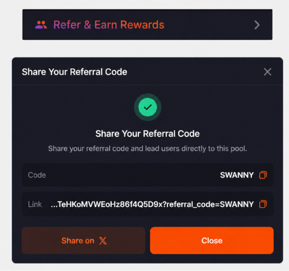 A dark-themed "Refer & Earn Rewards" pop-up window displaying a referral code "SWANNY" and a sharing link, with options to "Share on X" or "Close".