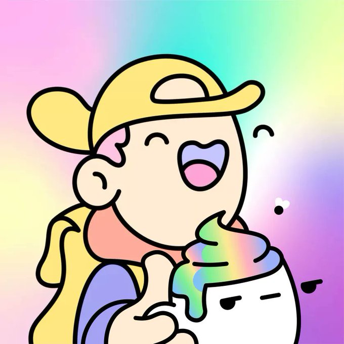 A cartoon illustration of a happy child wearing a yellow cap eating colorful rainbow ice cream, with a grumpy-looking ice cream container character beside them against a pastel rainbow gradient background.