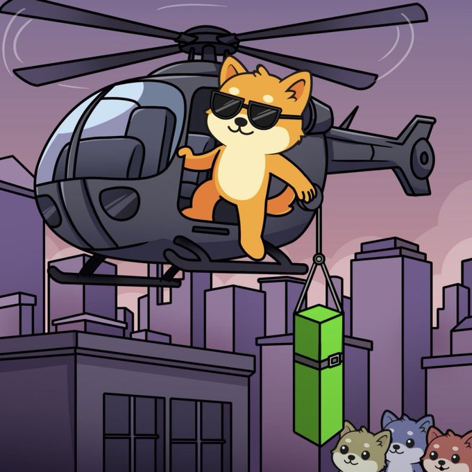 A cartoon illustration of a smiling Shiba Inu wearing sunglasses, sitting in the open door of a black helicopter flying over a city skyline at sunset, carrying a green package below while three other dogs watch from below.