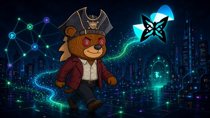 A digital illustration of an anthropomorphic bear wearing a pirate hat and red jacket with X-shaped eyes, walking through a futuristic neon-lit cityscape with a butterfly-like logo floating nearby.