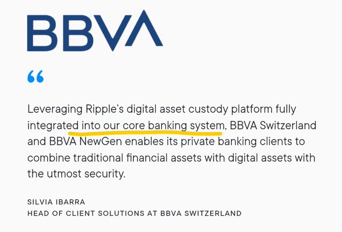 A BBVA-branded quote graphic featuring a statement from Silvia Ibarra, Head of Client Solutions at BBVA Switzerland, highlighting the bank's integration of Ripple's digital asset custody platform into its core banking system to serve private banking clients. The image directly supports the accompanying post about BBVA Switzerland's $7.7B AUM subsidiary leveraging Ripple Custody, which is embedded into the bank's existing infrastructure.
