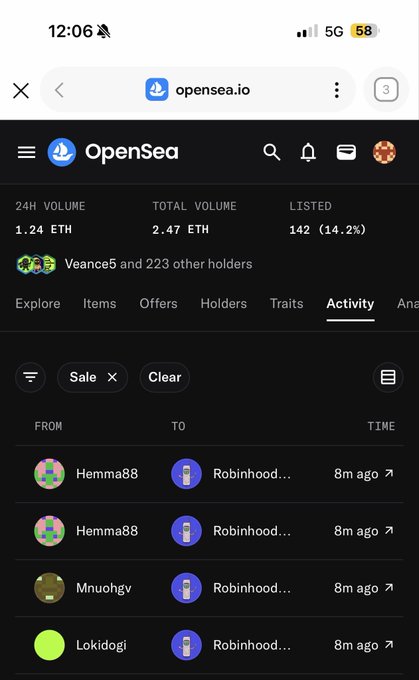 A mobile phone screenshot shows the OpenSea NFT marketplace activity page for a collection, displaying recent sales from users like 'Hemma88' and 'Mnuohgv' to 'Robinhood' that occurred '8m ago'.