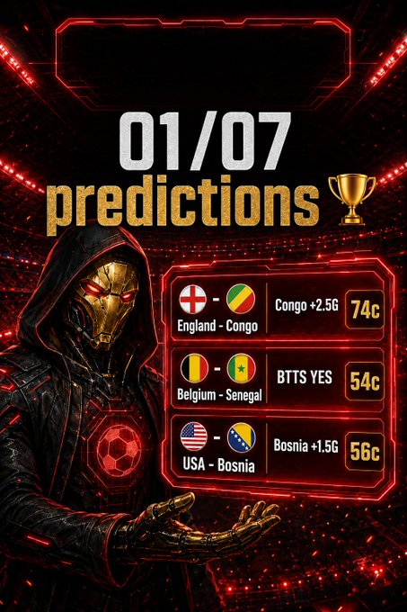 A sports betting predictions graphic titled '01/07 predictions' featuring a futuristic armored figure, listing three bets: England - Congo Congo +2.5G (74c), Belgium - Senegal BTTS YES (54c), and USA - Bosnia Bosnia +1.5G (56c).