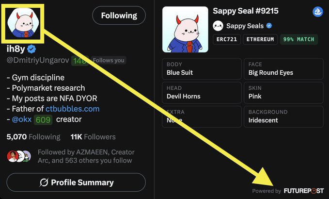 A screenshot of a social media profile 'ih8y' (@DmitriyUngarov) highlights a 'Sappy Seal #9215' NFT with traits 'Blue Suit,' 'Big Round Eyes,' 'Devil Horns,' 'Pink,' and 'Iridescent,' with an arrow pointing toward 'Powered by FUTUREPOST'.