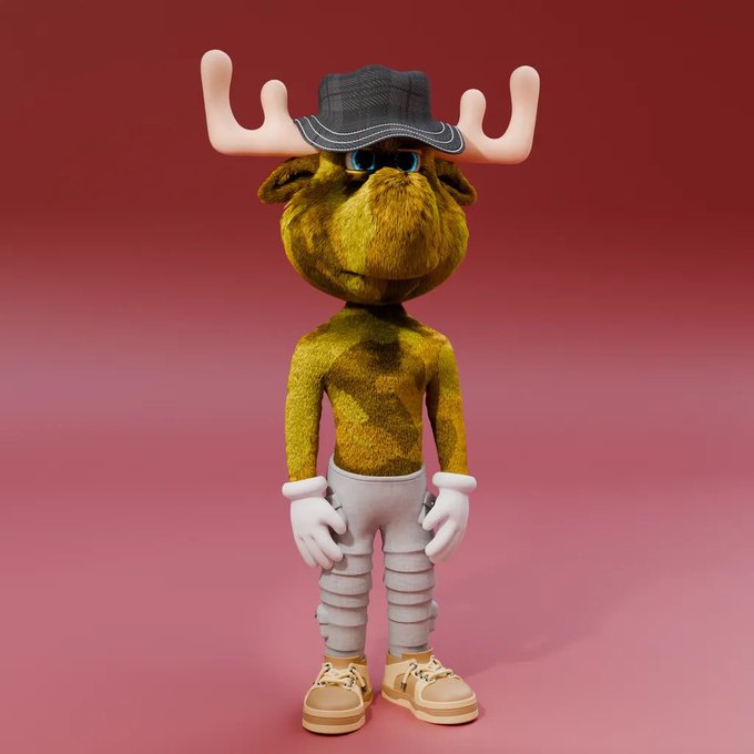 A 3D-rendered anthropomorphic moose character wearing a denim cap, white gloves, striped pants, and tan sneakers against a pink background.