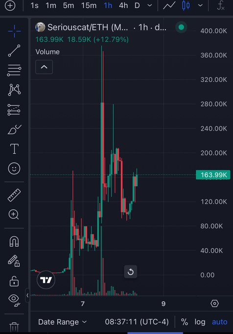 The image shows a TradingView candlestick chart for $Seriouscat (Seriouscat/ETH) on the 1-hour timeframe, displaying a current price of 163.99K with a 12.79% gain and a volume of 18.59K against a recent spike to ~400K. The chart supports the post's claim of $seriouscat being "seriously undervalued" by illustrating its dramatic price surge on the ETH trading pair.