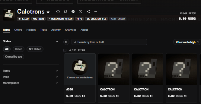 OpenSea marketplace page for the 'Calctrons' NFT collection on Rootwood Chain, showing 4,199 items with a floor price of 6.00 USDC, though content is not yet available.