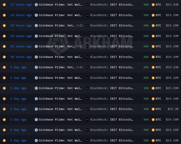 A screenshot of a cryptocurrency transaction feed showing multiple entries for 'Coinbase Prime: Hot Wal...' sending '300 BTC' to 'BlackRock: IBIT Bitcoin...'.