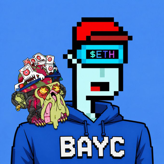 The image features a cartoon character wearing a blue hoodie that says "BAYC" on it. The character has a red hat with a white "E" on it, and they are standing against a blue background. In front of them is an animated monster or robot, which appears to be holding up the hoodie. The image also includes text that reads "BAYC", indicating the character's identity as Bayc.