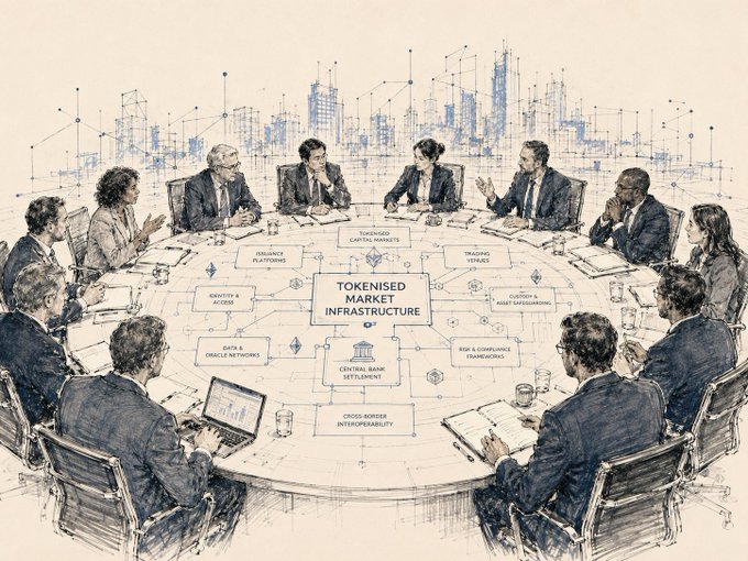 A pen-and-ink style illustration depicting a boardroom meeting around a circular table discussing 'TOKENISED MARKET INFRASTRUCTURE,' with surrounding topics including tokenised capital markets, trading venues, custody and access, data and oracle networks, central bank settlement, and cross-border interoperability.