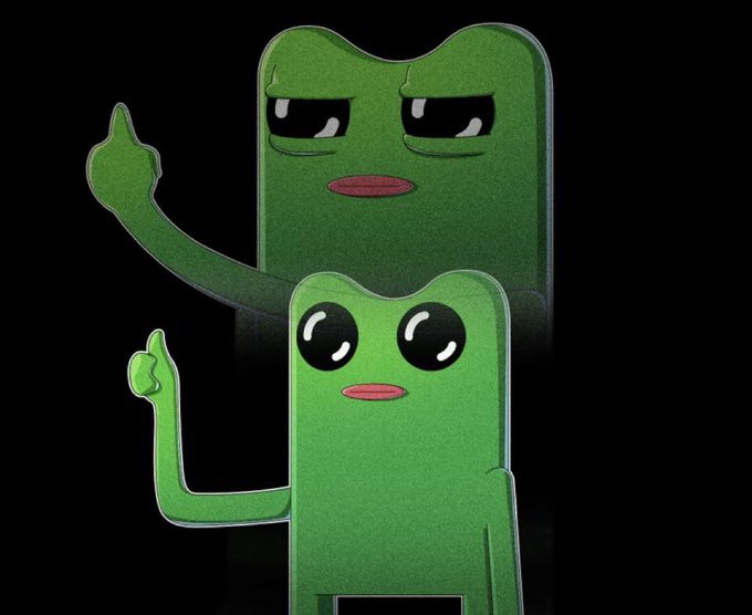 Two green cartoon characters stand against a black background, one above the other, both with a flat-topped shape and giving a thumbs-up gesture.