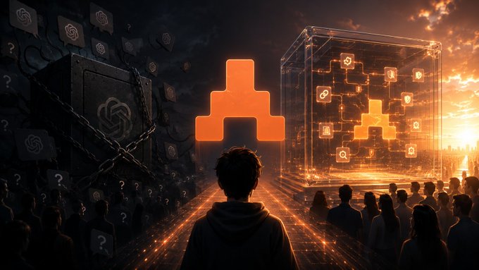 A conceptual digital art image showing a figure looking toward a glowing orange cryptocurrency symbol, with a crowd of people and blockchain elements in the background.