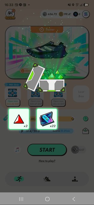 A mobile screenshot from STEPN showing the opening of an "MB4" Mystery Box, displaying rewards including 2 gems and 22 trainers' gems, with a "START" button visible. The image captures the moment of revealing the box's contents, with the shoe NFT and trainer score of 656.72 visible in the background.
