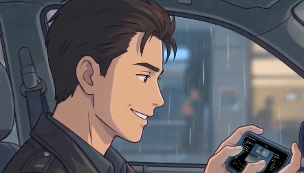 An anime-style illustration of a man with brown hair in a black jacket smiling while holding a smartphone inside a car during rain.