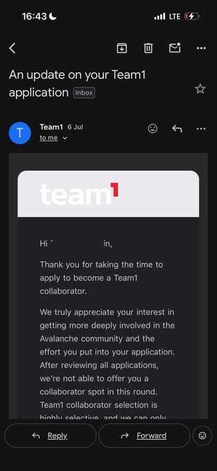 An email from Team1 dated 6 Jul notifying the recipient that they were not selected for a Team1 collaborator position in the Avalanche community.