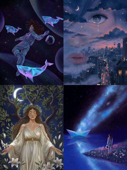 A four-panel artistic collage with surreal elements: an astronaut in space with origami whales, a face merging with a cityscape at dusk, a woman in a white dress in a moonlit forest, and a figure on a shore watching a glowing origami boat sail into a cosmic sky.