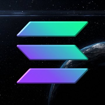 Three stylized, gradient-filled parallelograms in shades of blue, purple, and teal are arranged in a stacked formation against a cosmic backdrop featuring a planet and starry sky, visually referencing the Cardano logo's iconic triple-bar design used to accompany daily updates on $ADA and Charles Hoskinson's remarks welcoming Solana.