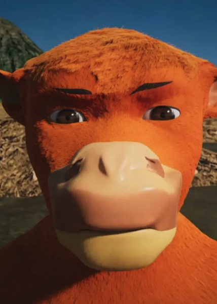 A 3D rendered close-up of an orange monkey or ape character with prominent eyebrows against a blue sky background.