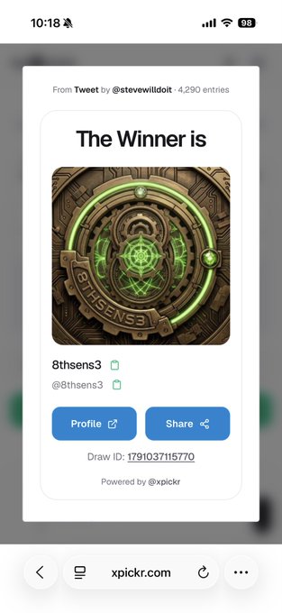 A screenshot shows a Twitter giveaway result declaring "8thsens3" the winner of a contest hosted by @stevewildoit with 4,290 entries, featuring the winner's profile image with the text "8THSENS3" on a bronze-colored emblem. This serves as proof that @8thsens3 was selected as the winner, likely in response to their request for direct message to provide a Gamdom username as a follow-up step.