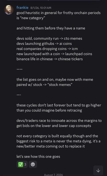 A Discord message from user "frankie" dated 8/1/26 discussing crypto narrative cycles, listing examples like "ai coins," "icm," "launchpad coins," "chinese tickers," and a new category of "stock memes," noting that trends go higher than expected before retracing and that the biggest risk is a new meta replacing the current one.