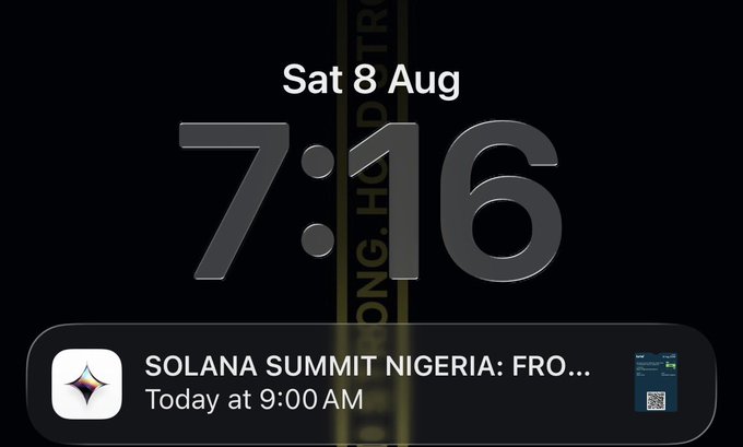 A smartphone lock screen shows the time 7:16 on Saturday, August 8, with a notification for the 'SOLANA SUMMIT NIGERIA: FRO...' event scheduled for 9:00 AM.