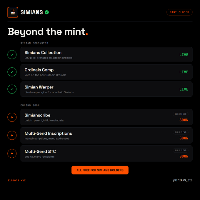 A SIMIANS cryptocurrency ecosystem page showing 'Beyond the mint' with live features (Simians Collection, Ordinals Comp, Simian Warper) and upcoming features (Simianscribe, Multi-Send).