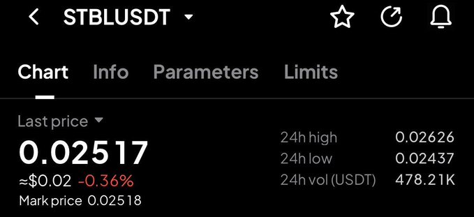 Mobile app screenshot showing trading data for STBLUSDT pair, with a last price of 0.02517, -0.36% change, 24h high of 0.02626, and 24h volume of 478.21K USDT.