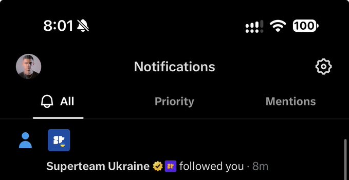 A smartphone screenshot of a Twitter/X notifications page showing '8:01' time and a notification that 'Superteam Ukraine' followed you 8 minutes ago.