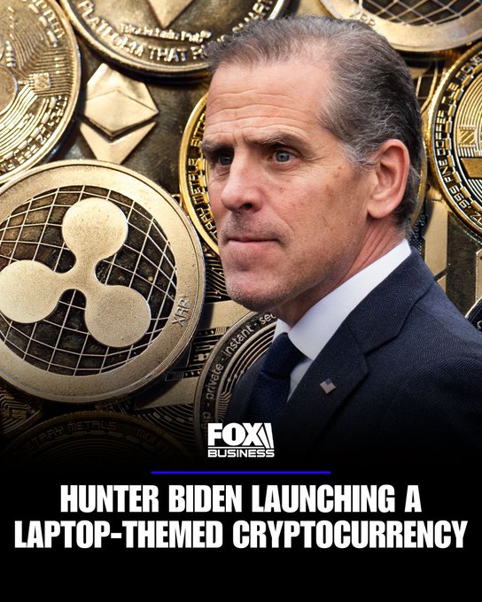 A Fox Business news graphic featuring Hunter Biden with a backdrop of gold XRP cryptocurrency coins, with the headline 'HUNTER BIDEN LAUNCHING A LAPTOP-THEMED CRYPTOCURRENCY'.