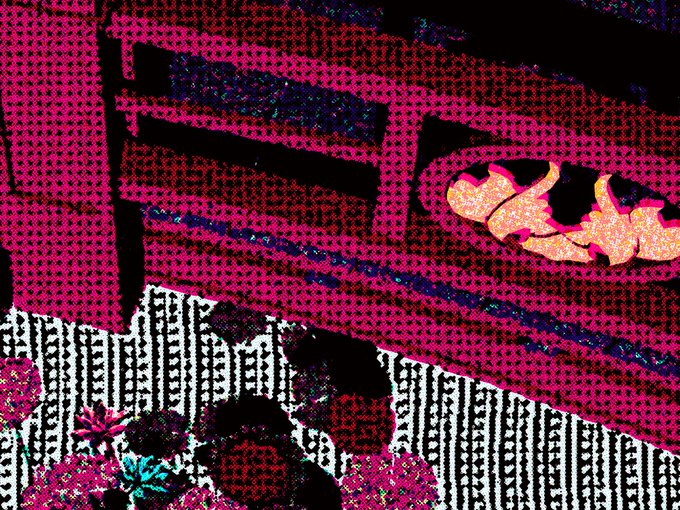 A stylized, heavily textured image with pink and magenta dotted patterns showing what appears to be a close-up of a decorative scene with red flowers and a basket.