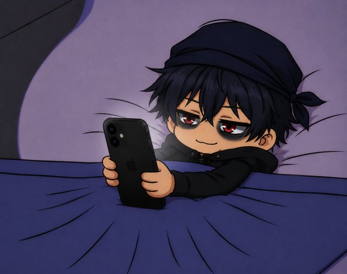 A chibi-style cartoon character with dark hair and a bandana lies in bed, smirking while scrolling on an iPhone, perfectly capturing the exhausted "I tried and failed" energy of the post about minting losing NFTs and getting rugged by a meme coin.