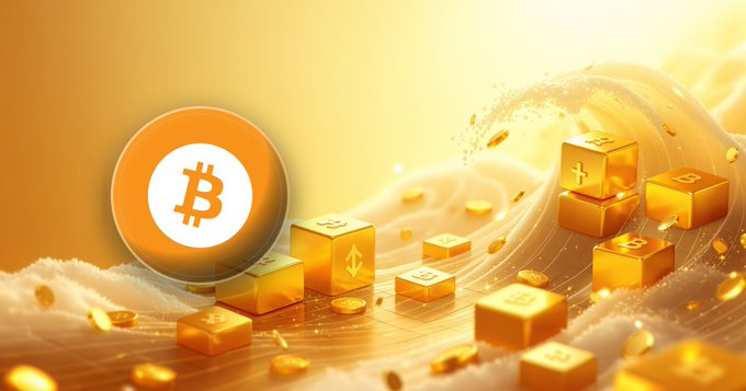 A glowing orange Bitcoin "₿" logo surrounded by gold cubes and coins in a bright, cloud-filled golden scene, visually reinforcing the post's message about disciplined Dollar-Cost Averaging (DCA) investing in Bitcoin for Vietnamese traders.