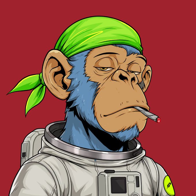 A stylized digital illustration of a blue-furred monkey wearing a green bandana, smoking a cigarette, and dressed in a white astronaut suit against a solid red background.