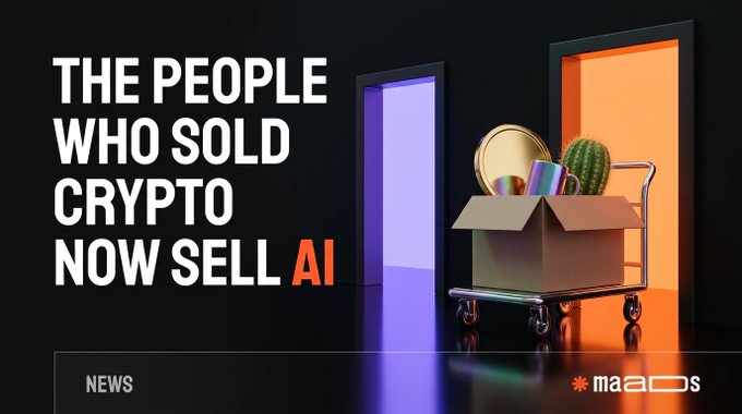 A news graphic from 'maads' features a 3D illustration of a box on a cart and the headline 'THE PEOPLE WHO SOLD CRYPTO NOW SELL AI'.