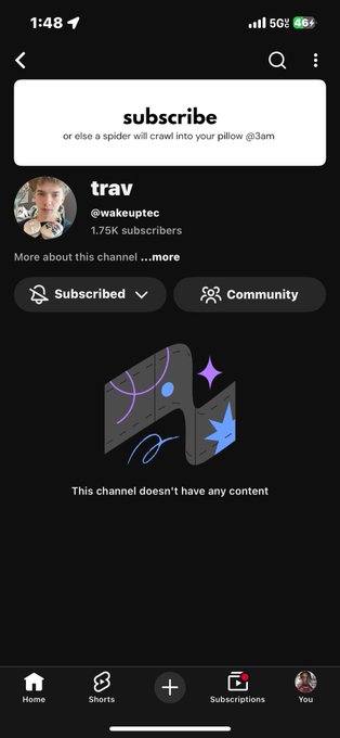 A YouTube channel page for "trav" (@wakeuptec) with 1.75K subscribers, featuring a "subscribe" banner and an empty content state ("This channel doesn't have any content"), promoting the upcoming first video and a $20 giveaway for subscribers with notifications on.