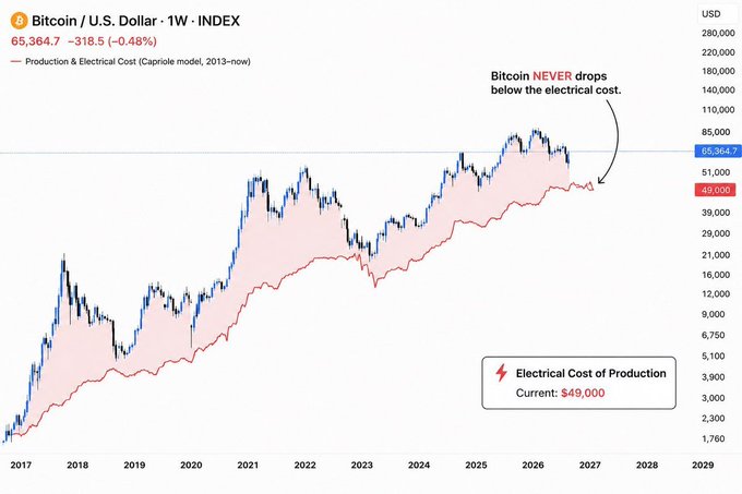 This chart shows the Bitcoin price and its production electrical cost from 2013 to 2029, with the current electrical cost at $49,000. The red line represents the production and electrical cost, illustrating that Bitcoin's price has historically stayed above this threshold.