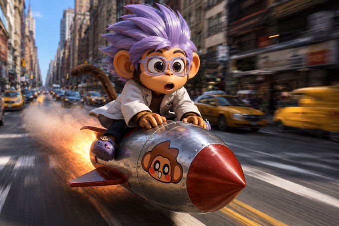 A 3D-styled cartoon monkey scientist with purple hair and round glasses rides a rocket through a bustling city street, referencing the "LFCHIMP" NFT character mentioned in the post about rare Genesis Chimps. The monkey decal on the rocket's nose and the rocket-powered motion blur evoke the playful, high-value energy of the "unattainable" Genesis Chimp collection.