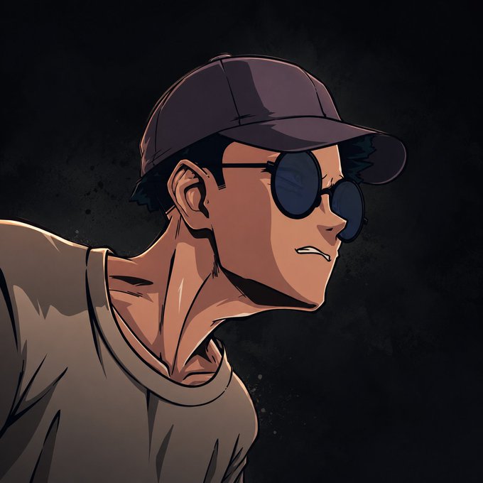 An anime-style illustration of a young man wearing a dark cap and round sunglasses, shown in profile against a dark background.